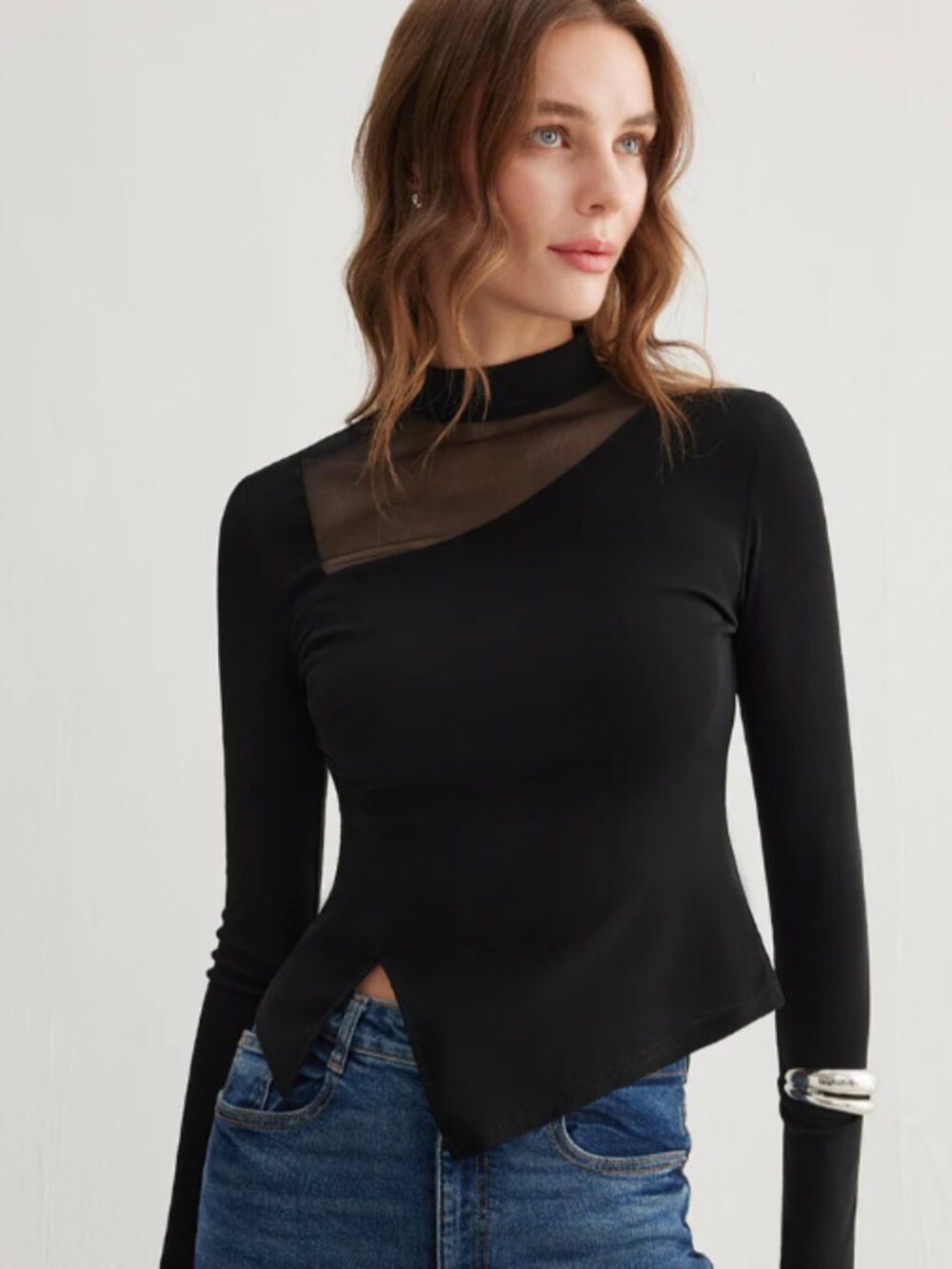 NWT Commense Side Split Jersey Top Black Mock Neck XS